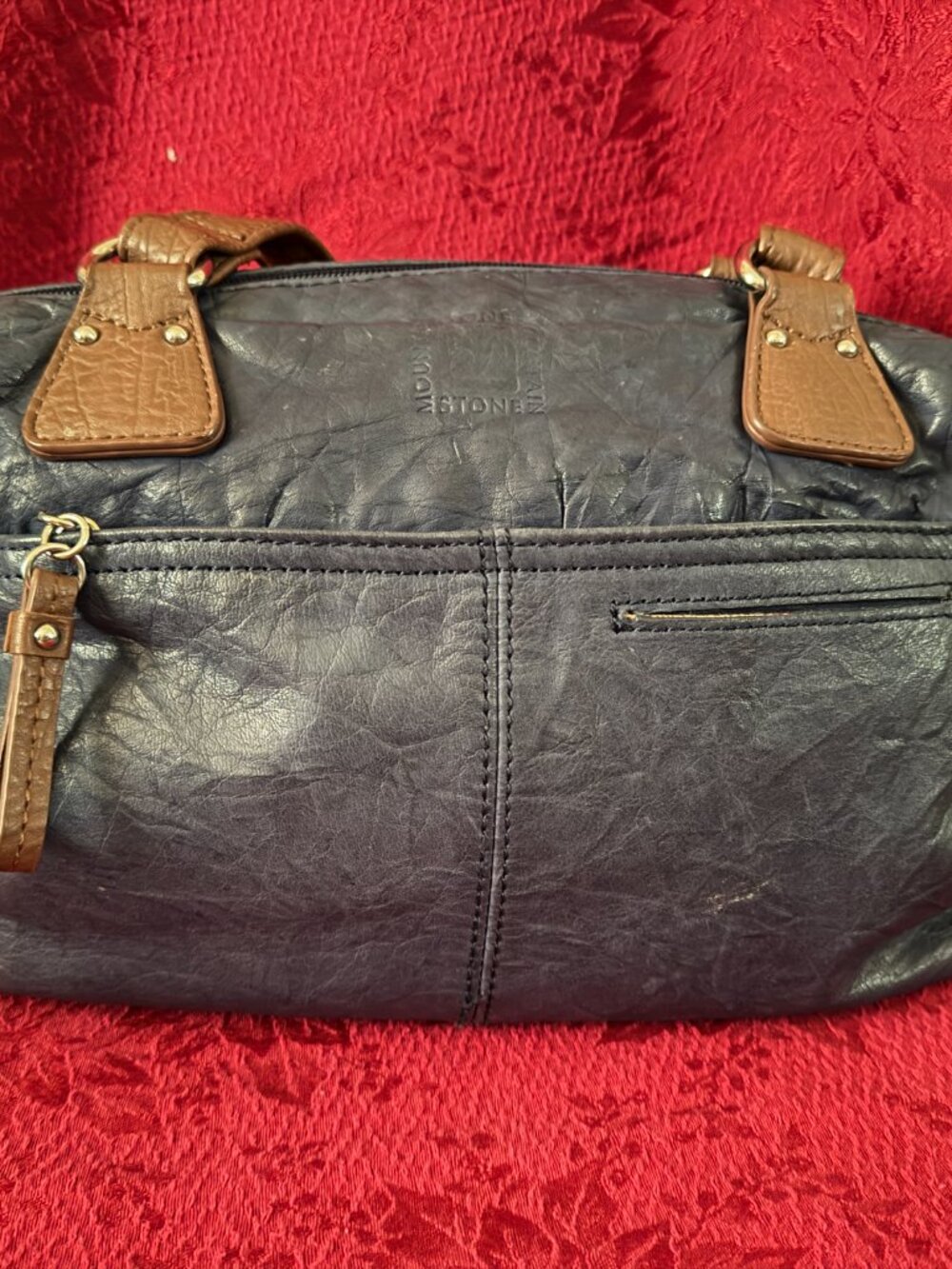 Stone Mountain Leather Navy Blue w/Brown Handles Long Beach Satchel - Picture 2 of 11